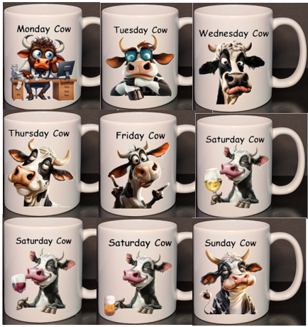 Set of 7 mugs with cartoon cows labeled for each day of the week.